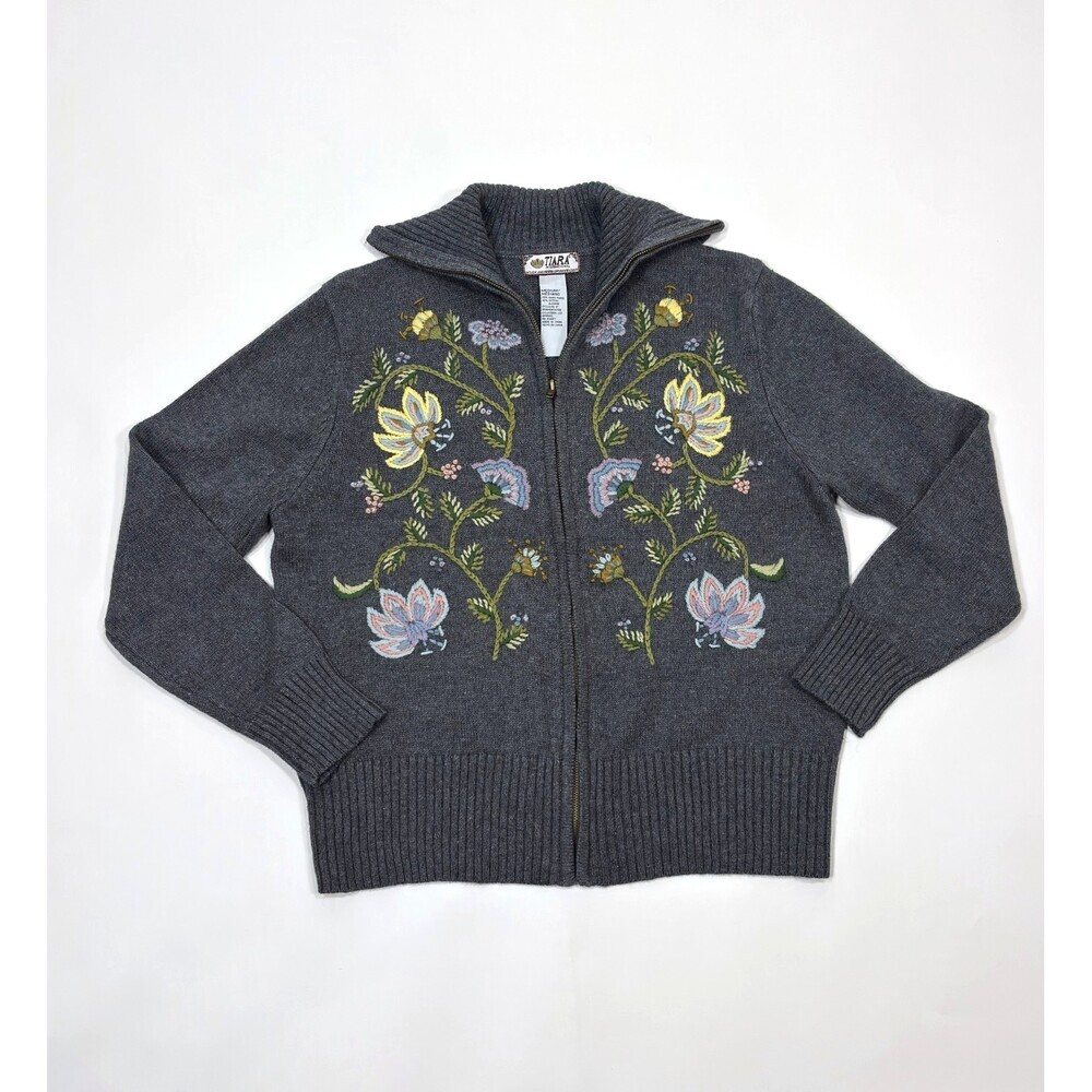Tiara International Full Zip Knit Sweater Floral Embroidered Vintage - Medium